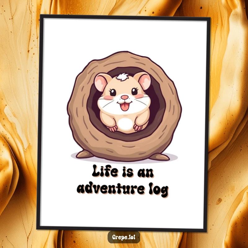 Funny free printable wall art showing a happy hamster peeking out from a hollow log, adding a touch of cute charm.