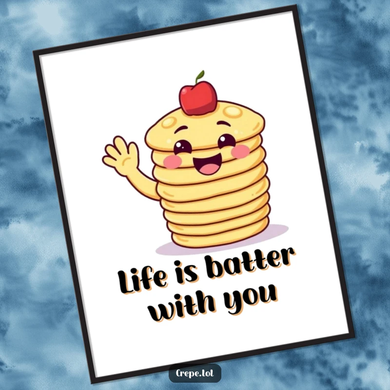 Funny Free Printable Wall Art: A grinning pancake stack offers a cheerful wave. Cozy, downloadable art for a happy home.