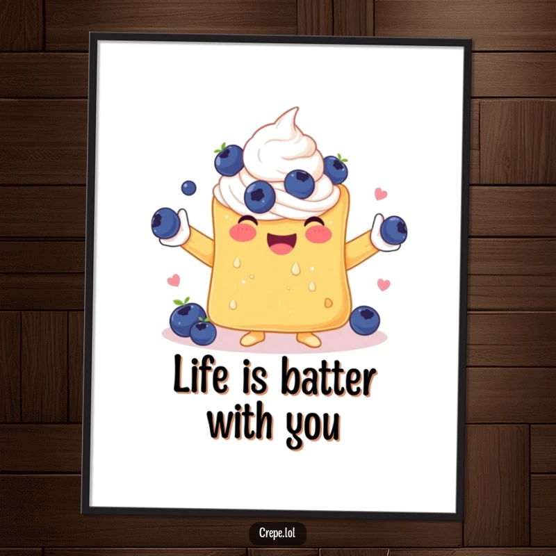 Funny Free Printable Wall Art: A cheerful crepe with whipped cream arms playfully juggling blueberries, adding a quirky touch.