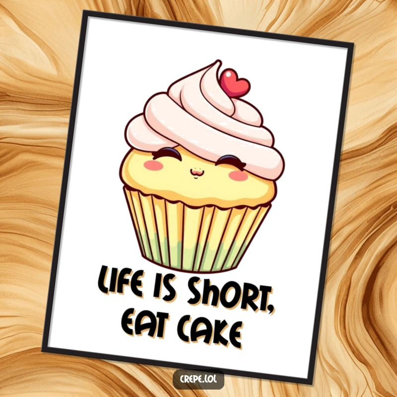 Funny free printable wall art of a cheerful cupcake with frosting blowing a kiss, adding a touch of sweet charm.