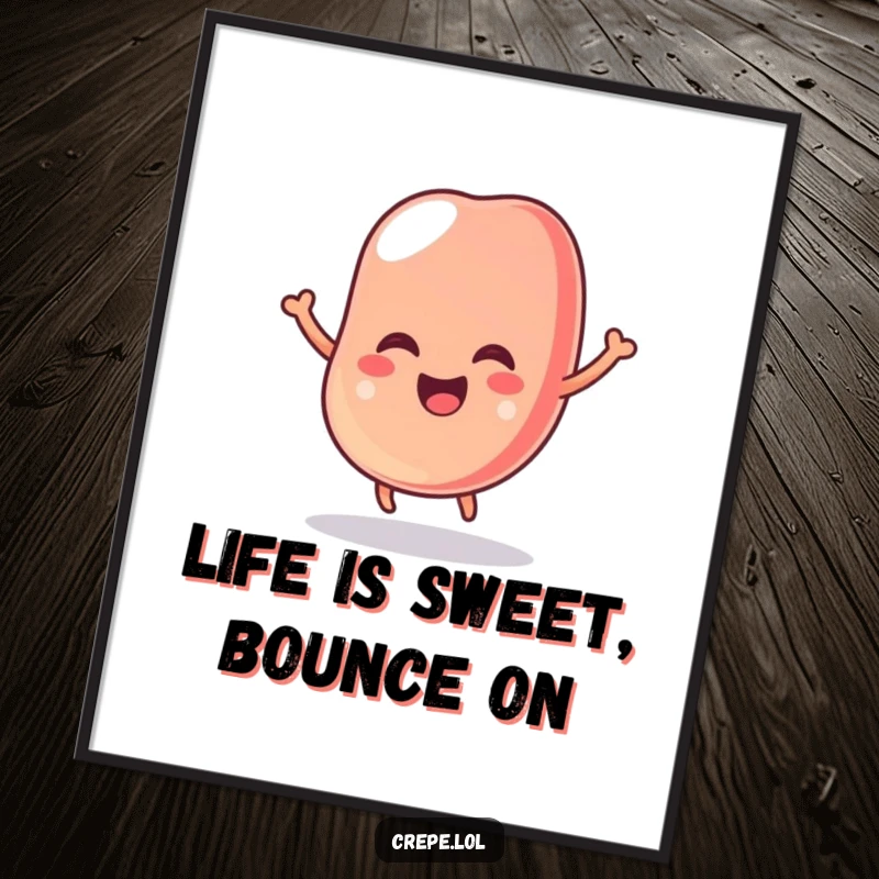 Funny free printable wall art of a wobbly jelly bean bouncing with glee, adding a splash of playful color.