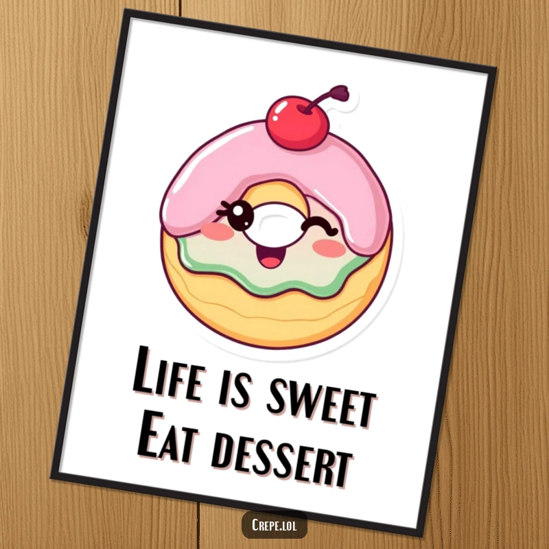 Funny Free Printable Wall Art: A delighted donut with a cherry on top, giving a playful wink, sweet and charming.