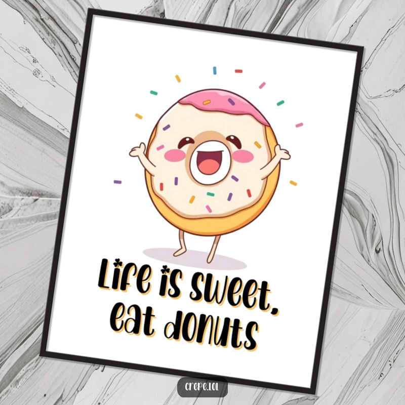 Funny Free Printable Donut Wall Art: A gleeful donut character dancing with sprinkles flying, adding a sweet vibe to decor.
