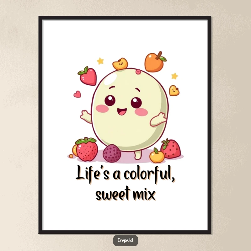 Funny free printable wall art featuring a giggling macaron character expertly juggling colorful small fruit toppings with infectious joy.