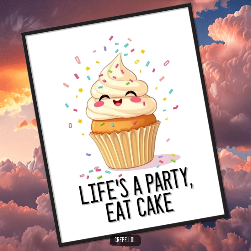 Funny Free Printable Wall Art: A whimsical cupcake in mid-giggle, erupting with a festive spray of confetti.