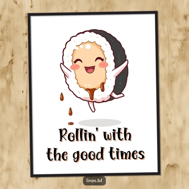 Funny free printable wall art of a smiling sushi roll character performing an energetic cartwheel with soy sauce dripping, full of playful spirit.
