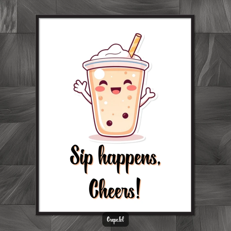 Funny Free Printable Wall Art: Happy bubble tea character waving with its straw, adding cheerful humor to decor.