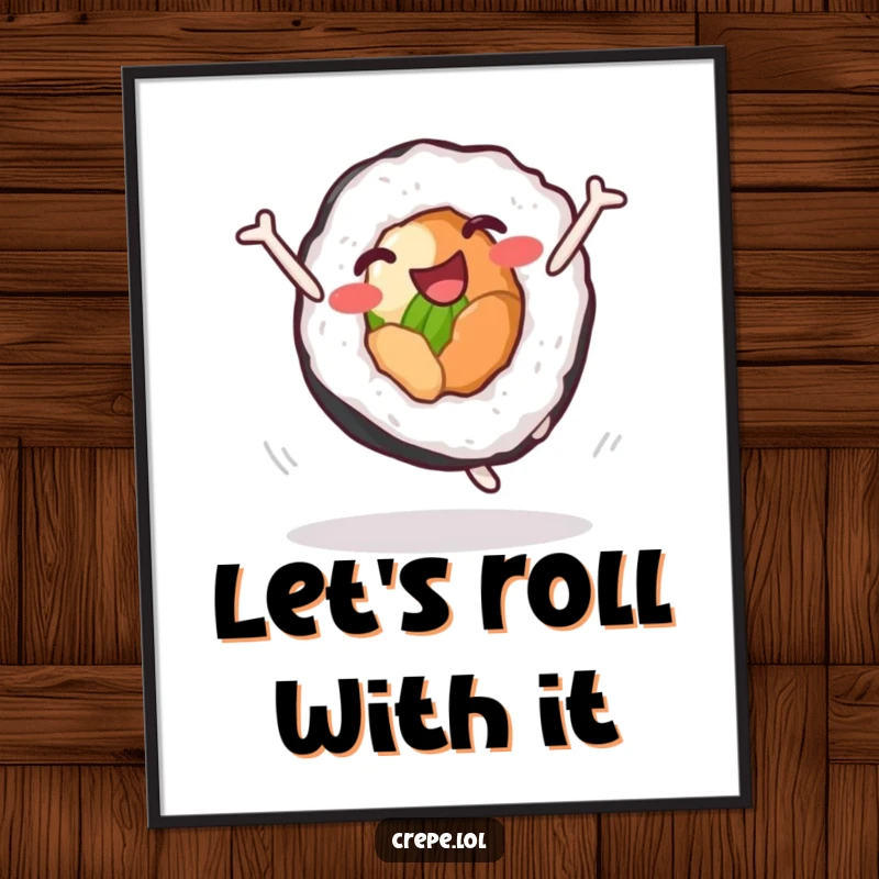 Funny Free Printable Wall Art: A delighted sushi roll executing a perfect, joyful cartwheel, bringing quirky energy to decor.