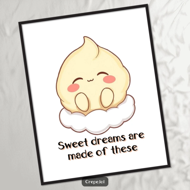 Funny Free Printable Wall Art showing a content crepe with eyes closed, humming happily while floating serenely on a soft, fluffy cloud.