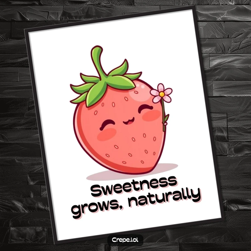 Funny Free Printable Wall Art: A blushing strawberry holds out a tiny flower, adding a sweet and gentle touch to any room.
