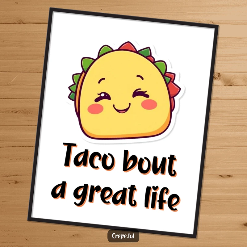Funny Free Printable Wall Art of a cheerful taco character happily winking with a cheesy grin, adding a fun vibe.