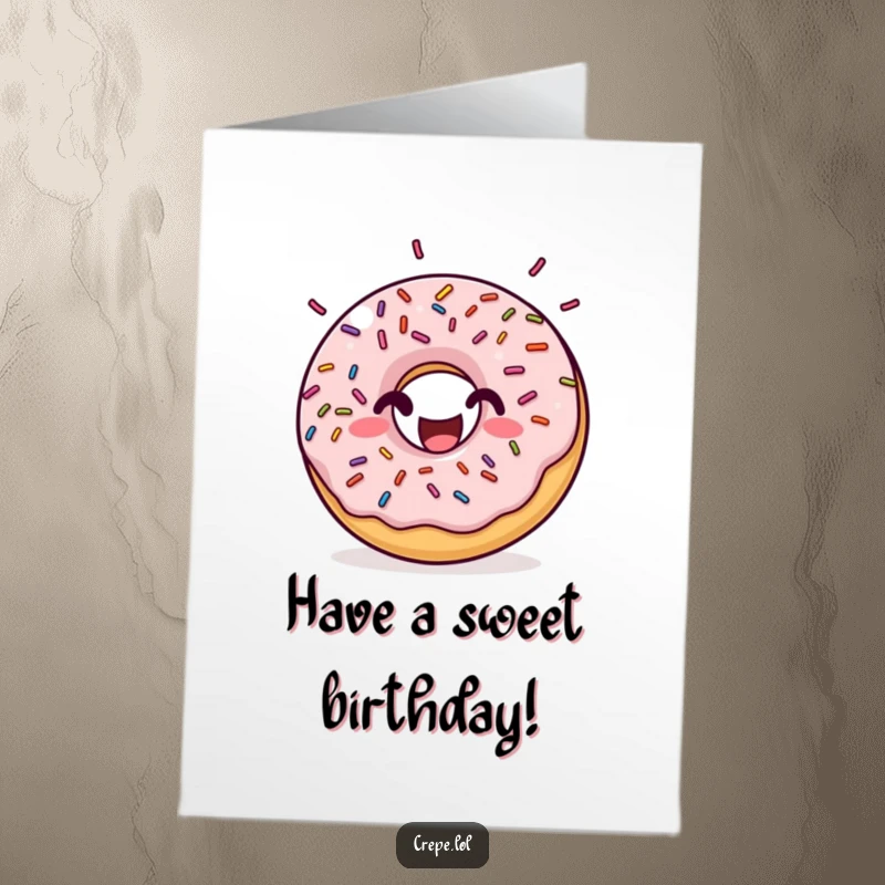 Funny Free Printable Birthday Card: A happy donut with sprinkles bouncing rhythmically, radiating pure birthday delight.