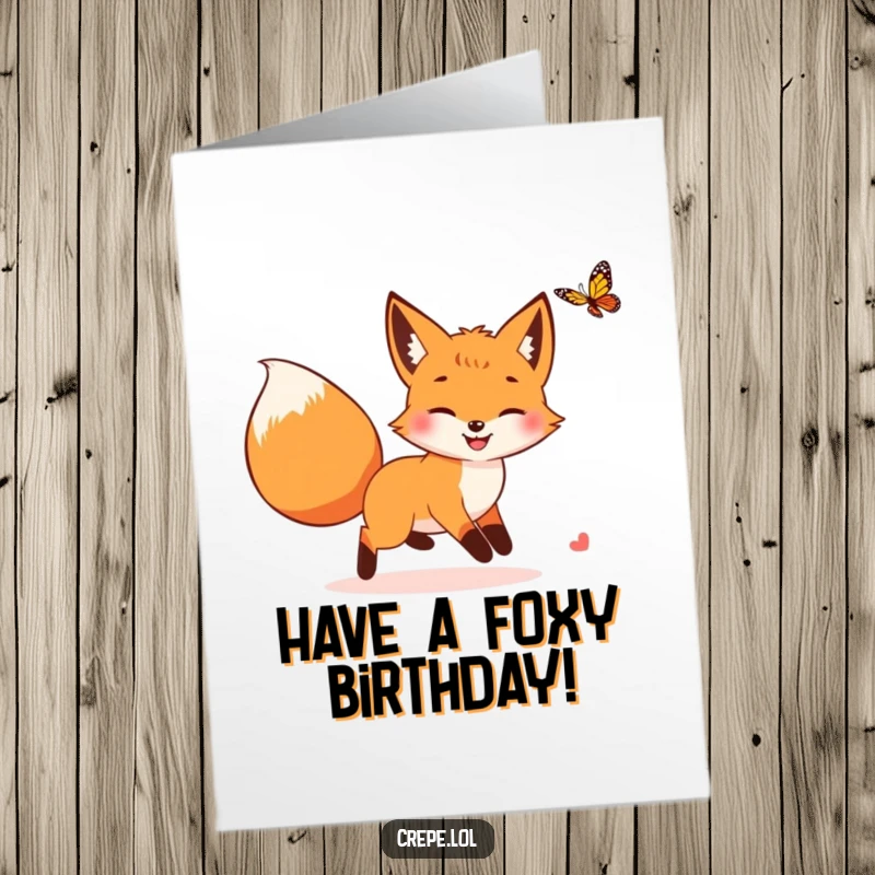 Funny Free Printable Birthday Card: A smiling fox with a bushy tail playfully chasing a colorful butterfly in a meadow.