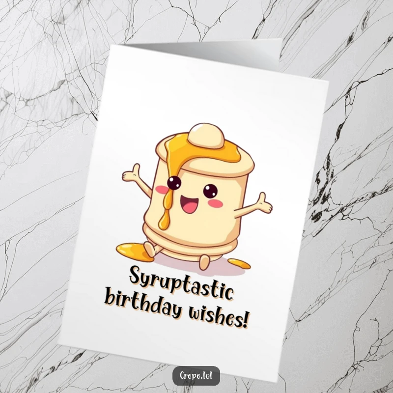 Funny Free Printable Birthday Card: A gleeful pancake character joyfully bouncing with syrup dripping playfully.