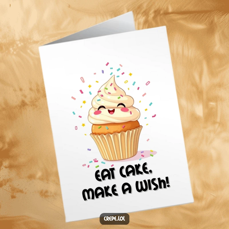 Funny Free Printable Birthday Card showing a joyous cupcake giggling and erupting with colorful confetti, ready to party.