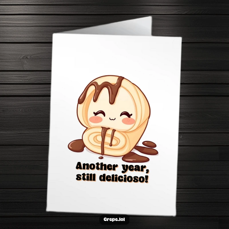 Funny Free Printable Birthday Card: A winking rolled crepe with chocolate drizzle, ready to spread birthday cheer.