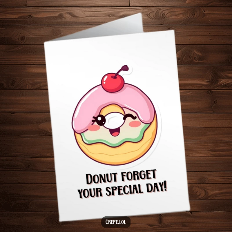 Funny Free Printable Birthday Card: A delighted donut with a cherry on top, winking playfully, spreading birthday cheer.