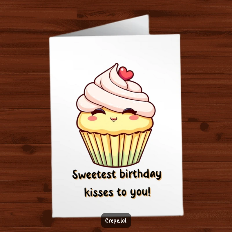 Funny free printable birthday card featuring a cheerful cupcake with frosting blowing a sweet kiss, sending birthday love.