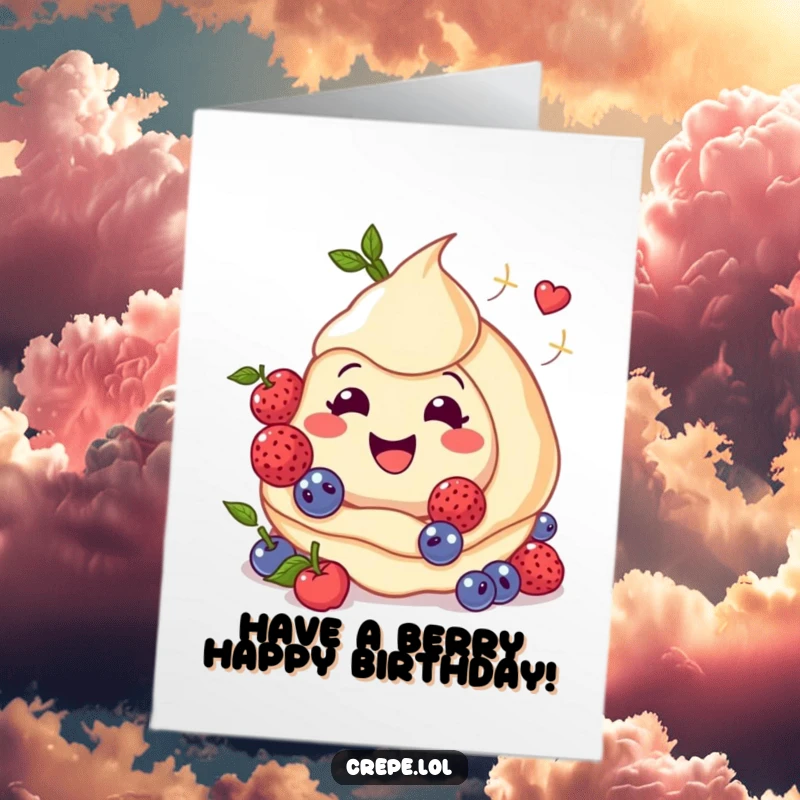Funny Free Printable Birthday Card: A smiley crepe adorned with twirling berries, spreading sweet birthday cheer, a downloadable greeting.