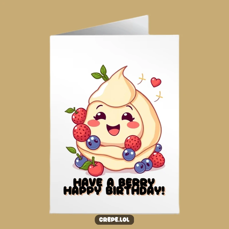 Free Printable Funny Birthday Card Smiley Crepe with Berries, Sweet Downloadable Greeting Gift