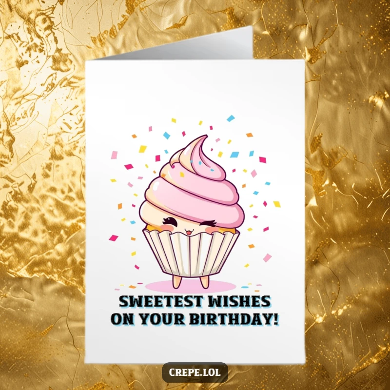 Funny Free Printable Happy Birthday Card: A winking cupcake character joyfully blows colorful confetti, creating a festive and celebratory atmosphere.