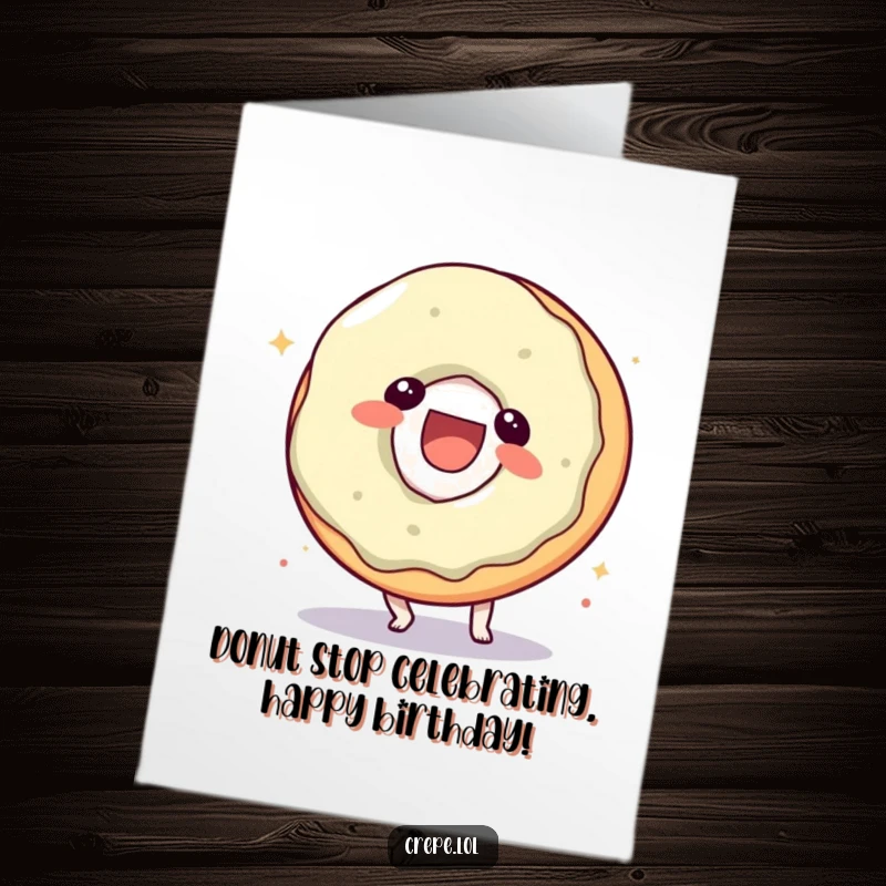 Funny Free Printable Happy Birthday Card: A laughing donut character performs a playful somersault, spreading sugary cheer and birthday fun.