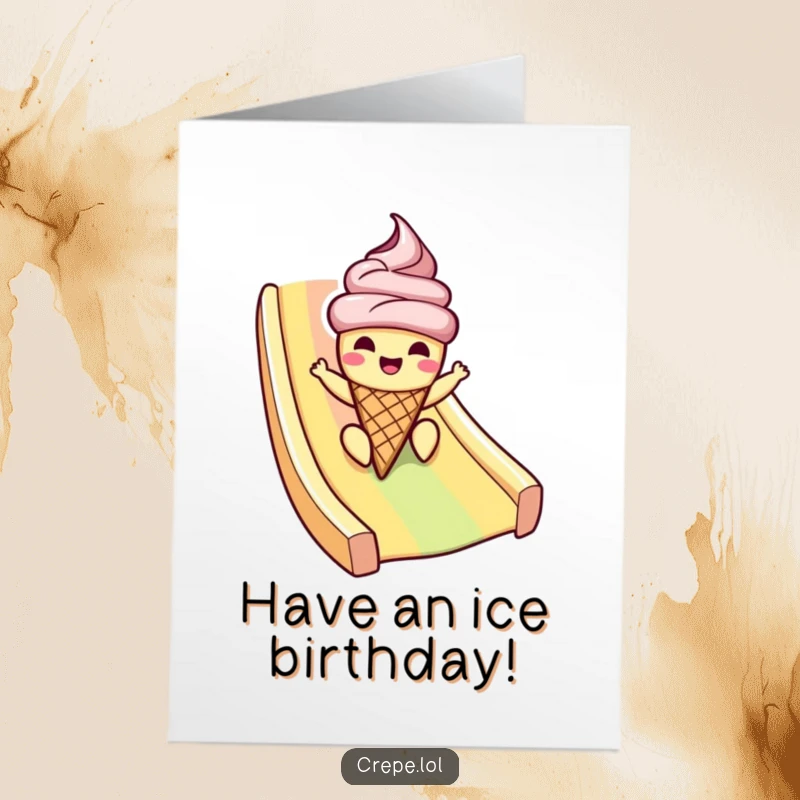 Funny Free Printable Birthday Ice Cream Card: Cheerful ice cream cone sliding down a rainbow, bringing birthday joy.