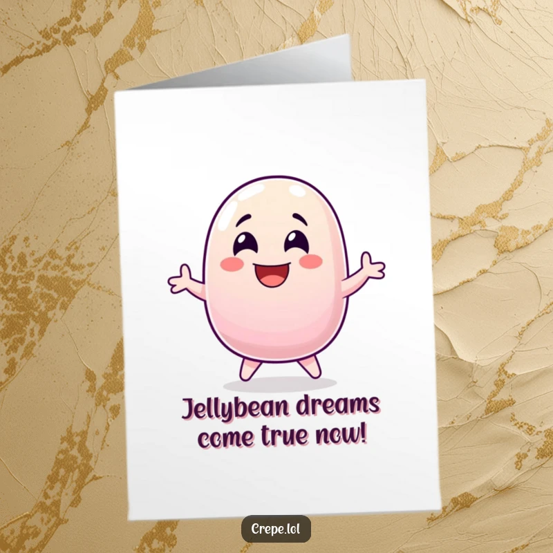 Funny Free Printable Birthday Card: A laughing jellybean with wide eyes jumps exuberantly, celebrating a special day.