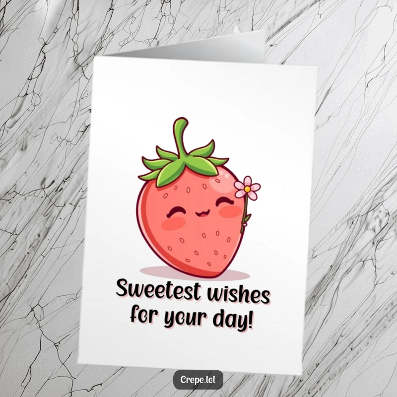 Funny Free Printable Birthday Card: A blushing strawberry shyly offers a tiny flower, wishing a happy birthday.