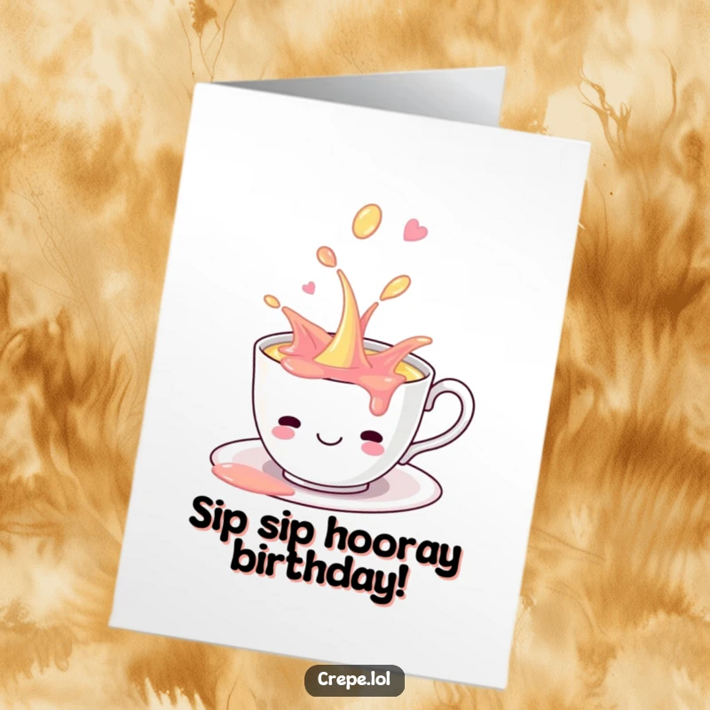 Funny Free Printable Teacup Birthday Card: A smiling teacup playfully spills sweet, colorful liquid.