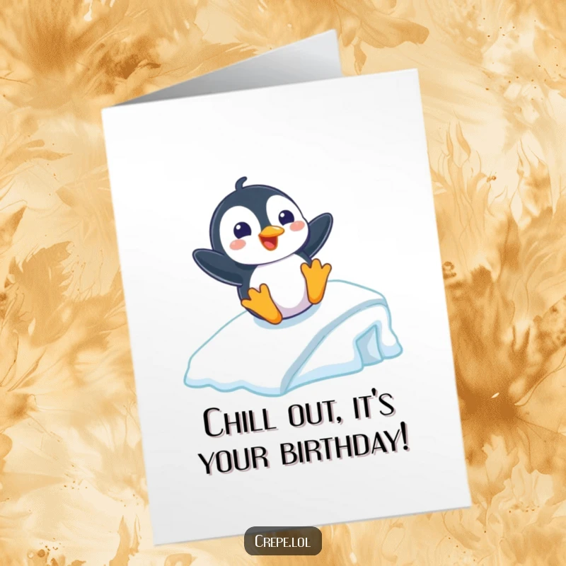 Funny free printable birthday card: a playful penguin with a wide grin slides gleefully down an icy ramp, celebrating.