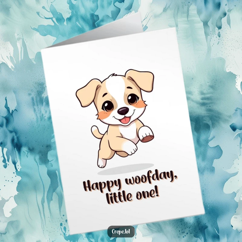 Funny free printable birthday card: a happy puppy with floppy ears bounces energetically while chasing its own tail in circles.