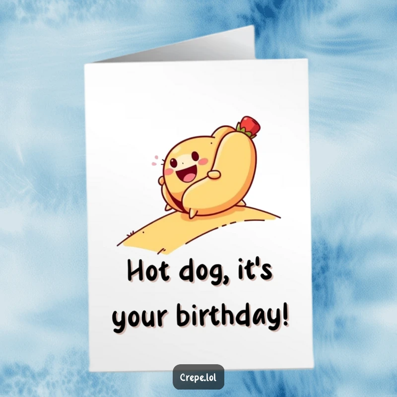 Funny Free Printable Birthday Card: A smiling hot dog rolls down a hill with glee, celebrating your special day with excitement!