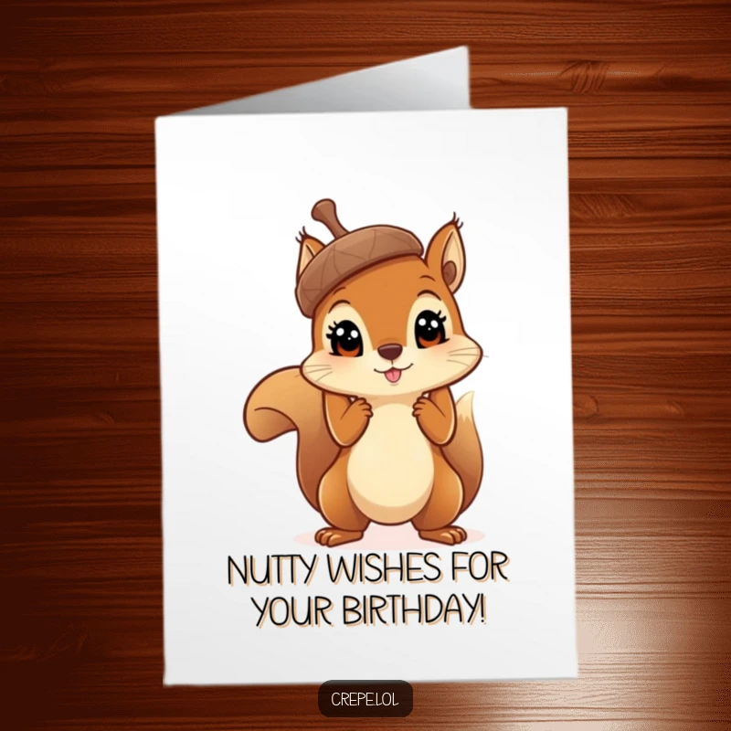 Funny Free Printable Birthday Card: A curious squirrel with big eyes proudly holding a massive acorn up high.