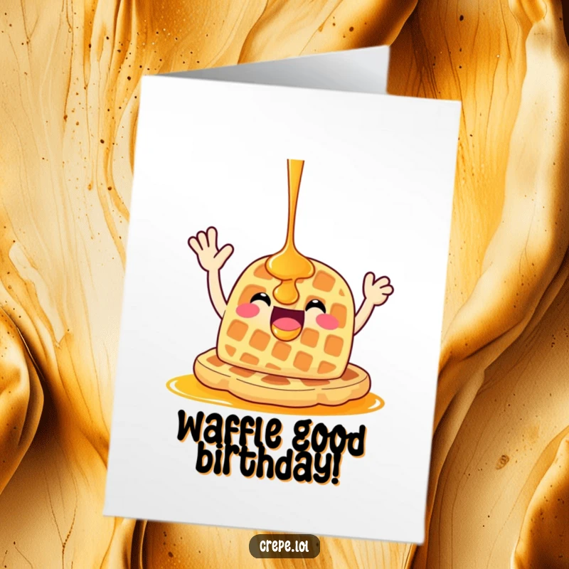 Funny Free Printable Waffle Birthday Card: A happy waffle covered in syrup waves enthusiastically.