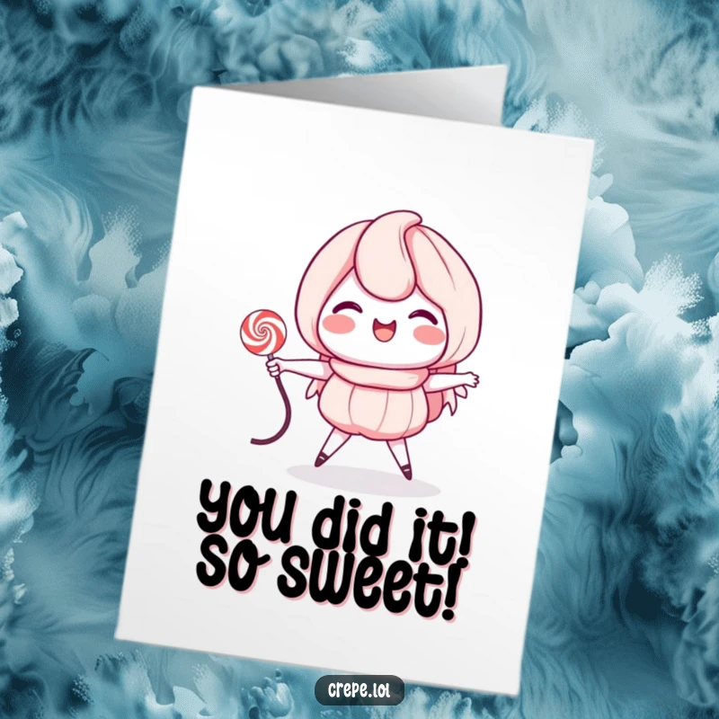 Funny Free Printable Congratulations Card with a cheerful crepe performing a jumping rope routine, spreading good vibes.