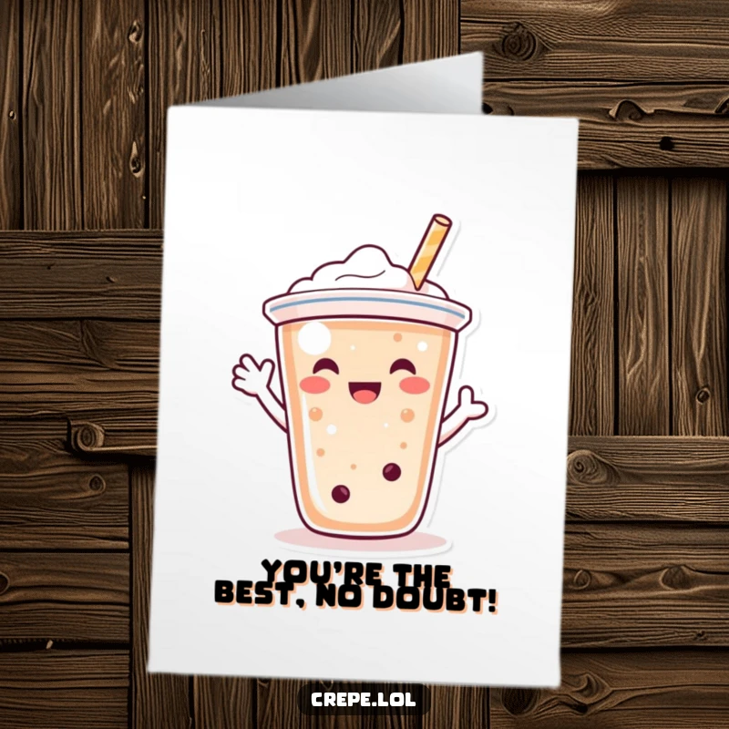 Funny Free Printable Congrats Card: Happy bubble tea character waving with its straw, celebrating success humorously.