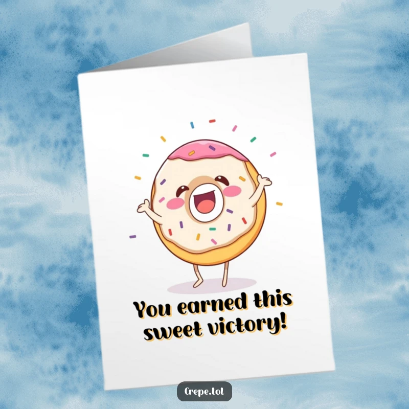 Funny Free Printable Donut Card: A gleeful donut character dances with sprinkles flying to congratulate someone on a sweet win.