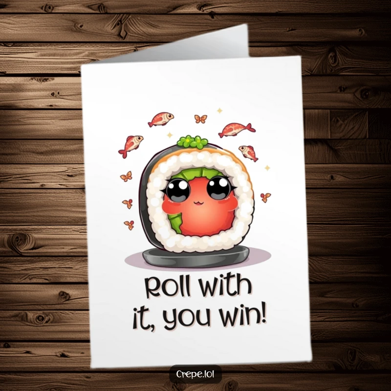 Funny Free Printable Congratulations Card: A piece of sushi with wide eyes juggles tiny fish, celebrating your incredible accomplishment!