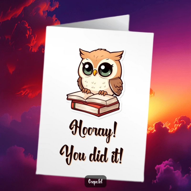 Funny Free Printable Congratulations Card: Amazed owl on book, surprised look, celebrating success, downloadable greeting.