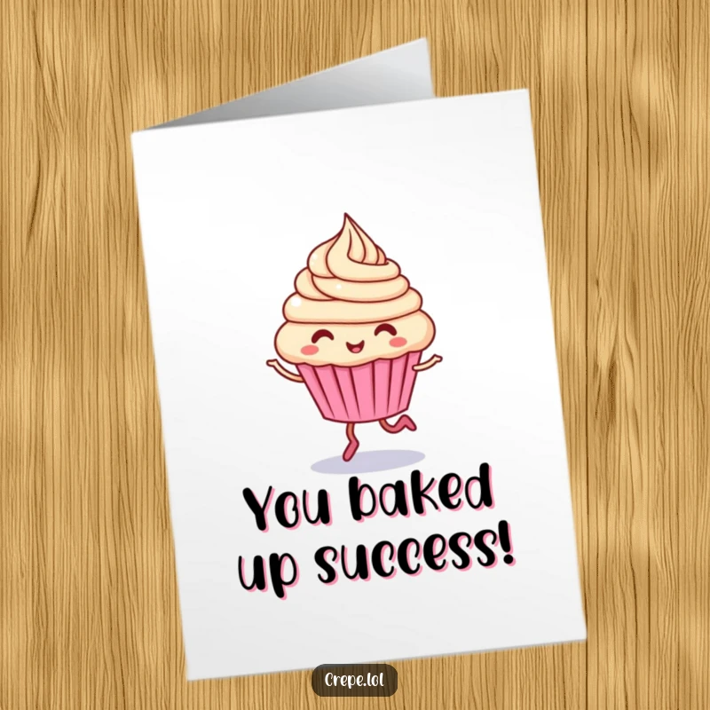 Funny Free Printable Congrats Card: Giggling cupcake character hopping with swirling frosting, celebrating success humorously.