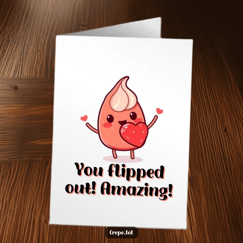 Funny Free Printable Congratulations Card: A red crepe with a strawberry heart does a happy flip, symbolizing successful and sweet accomplishments.