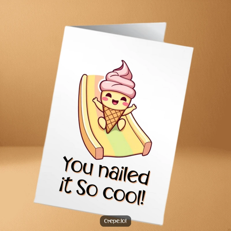 Funny Free Printable Ice Cream Card: Cheerful ice cream cone sliding down a rainbow to congratulate someone on their sweet achievement.