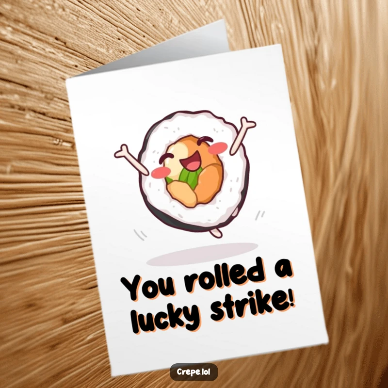 Funny Free Printable Congratulations Card: A delighted sushi roll performing a joyful, energetic cartwheel to celebrate achievements.