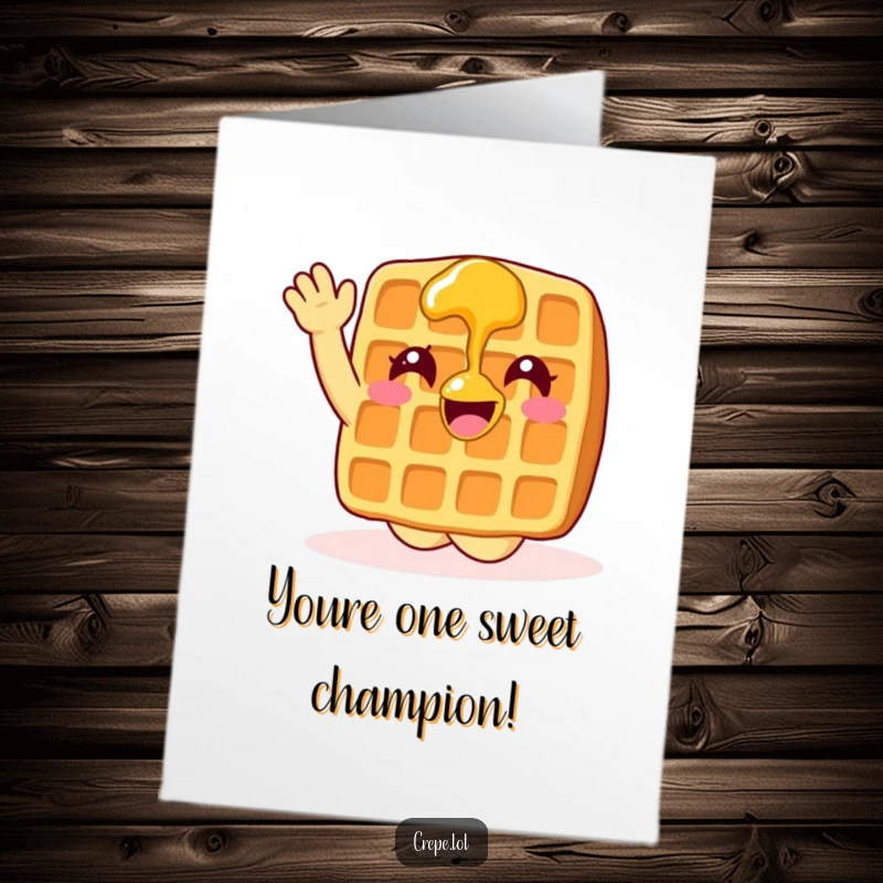 Funny Free Printable Congratulations Card: A happy waffle with syrup waves joyfully, celebrating a fantastic accomplishment.