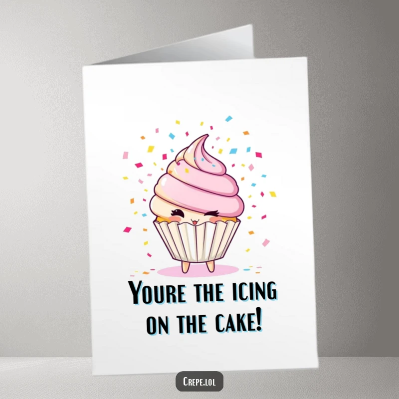 Funny Free Printable Congratulations Card: A winking cupcake character blasts colorful confetti, celebrating achievements with a sweet and festive flair.