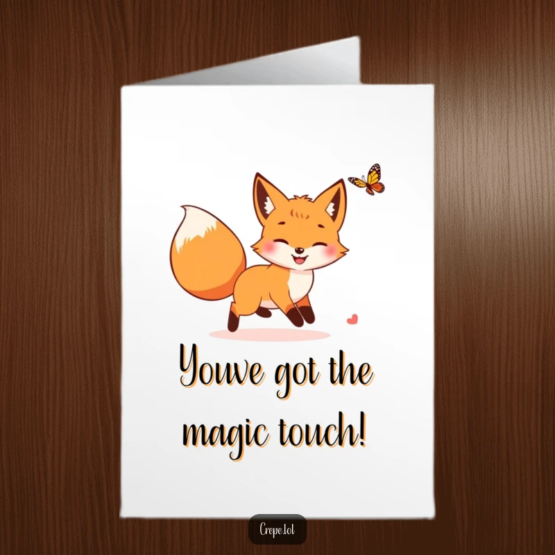 Funny Free Printable Congratulations Card: A smiling fox with a bushy tail playfully chasing a butterfly, symbolizing joyful pursuit.