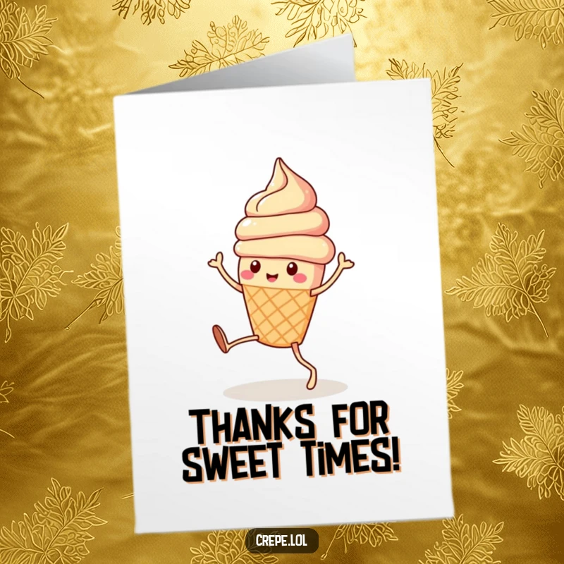Funny Free Printable Ice Cream Thank You Card: A cute ice cream cone with legs dances playfully.