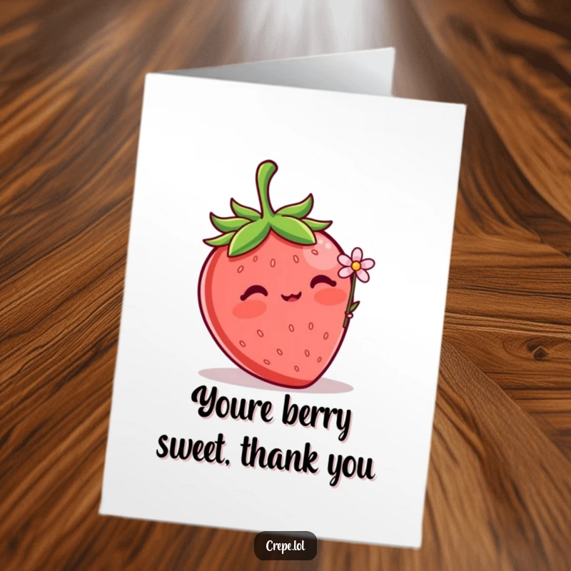 Funny Free Printable Thank You Card: A blushing strawberry offers a delicate flower, conveying heartfelt thanks.