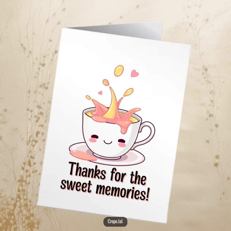 Funny Free Printable Teacup Thank You Card: A smiling teacup playfully spills sweet, colorful liquid.